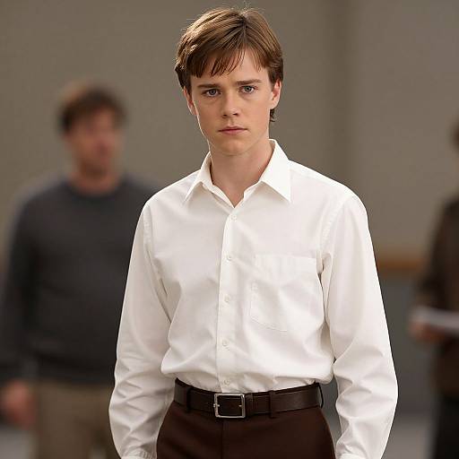 Photograph of a young Caucasian man with brown hair, wearing a white button-up shirt and black pants, standing in a blurred indoor setting with two other