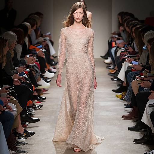 Photograph of a slender, long-haired brunette woman in a sheer, long-sleeve, nude-colored mesh gown, walking down a brightly lit runway
