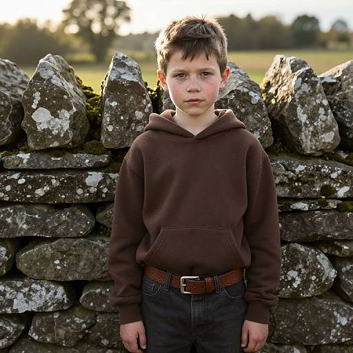 Confident Boy by Weathered Stone Wall