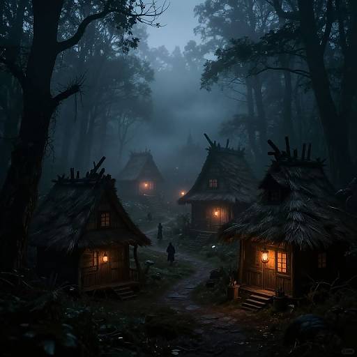 Misty, blue-hued forest at dusk with three wooden, thatched-roof huts glowing warmly, surrounded by tall trees and faintly visible