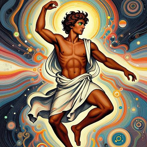 Digital art of a muscular, dark-skinned, curly-haired, male deity with a white toga, flexing arm, surrounded by swirling, colorful