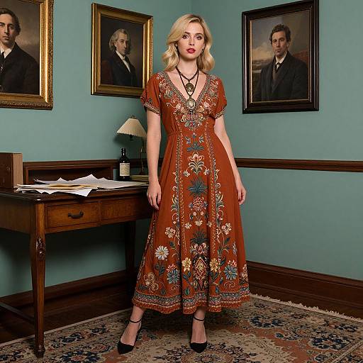 Blonde woman in vintage floral brown dress stands in room with blue walls, framed portraits, wooden desk, and lamp. Photograph.