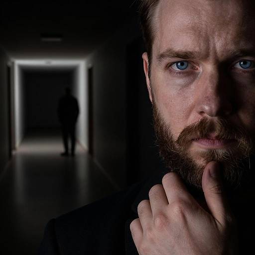 Intense Bearded Man in Shadowy Corridor