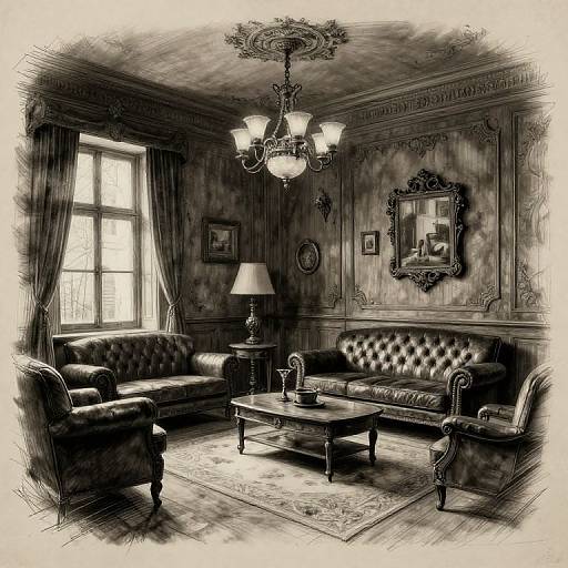 Black-and-white ink drawing of a Victorian-style living room with tufted leather sofas, ornate chandelier, framed picture, and window.