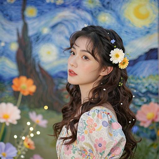 Photograph of an Asian woman with long, wavy brown hair, wearing a floral dress, adorned with flowers, against a Van Gogh-style night