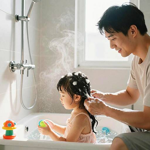 Photograph of an Asian man washing a young Asian girl's hair in a sunlit bathtub, with colorful toys in the water.