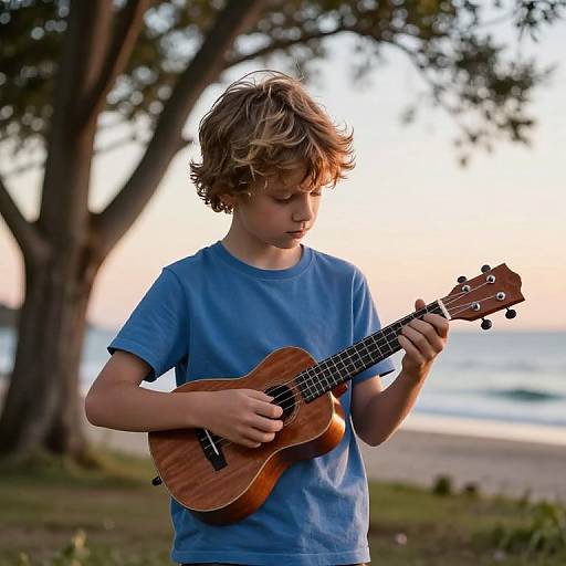 Photograph of a young boy with tousled blonde hair, wearing a blue t-shirt, playing a small acoustic guitar in a park at sunset. Trees