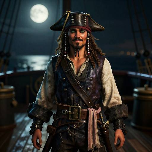 Photograph of a rugged pirate with long hair, black tricorn hat, white shirt, brown vest, and leather belt, standing on a dimly