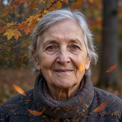 Photograph of an elderly woman with gray hair, warm brown eyes, and wrinkles, smiling softly in an autumn forest, wearing a dark, textured scarf