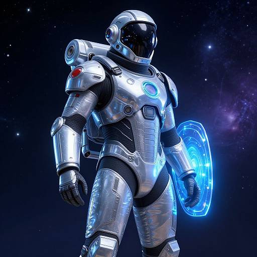 Photorealistic CGI of a silver, futuristic astronaut with a black visor, holding a glowing blue energy shield, in a starry, cosmic background