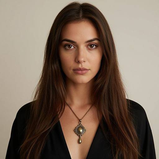 Photograph of a young woman with long brown hair, fair skin, and brown eyes, wearing a black V-neck top and a gold necklace with a