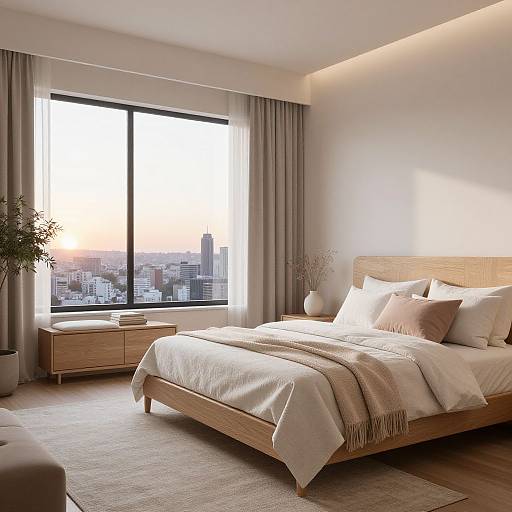 Modern bedroom photograph: light-wood bed with beige blankets, white pillows, cityscape view from large window, grey curtains, wooden nightstand, p