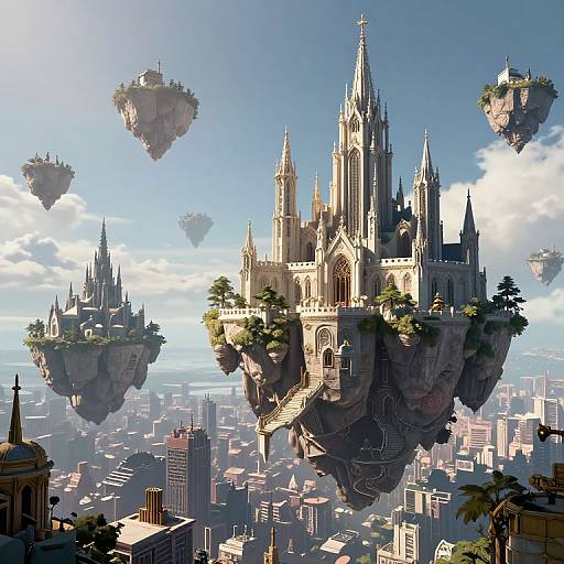 Digital fantasy illustration of floating, gothic-style castle with spires, surrounded by floating islands, above a sprawling cityscape with skyscrapers.