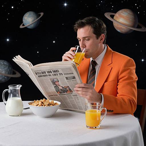 Photograph of a man in an orange suit, drinking orange juice, reading a newspaper, against a starry space backdrop with planets. Table has milk