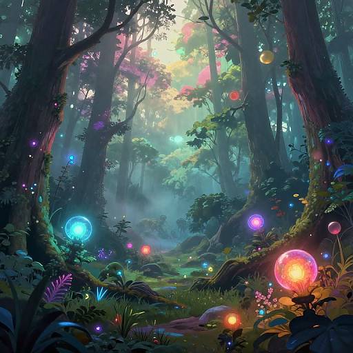 Enchanted forest scene: vivid, glowing orbs in blue, pink, and red illuminate lush, dense woods with tall trees and misty light.