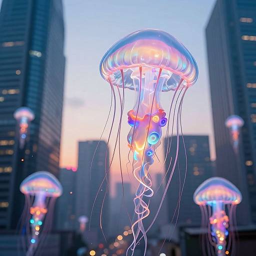Giant Luminous Jellyfish in Cyberpunk City