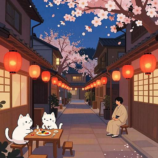 Digital anime-style illustration of a nighttime Japanese alley with cherry blossoms, red lanterns, a seated man in a kimono, and two white cats