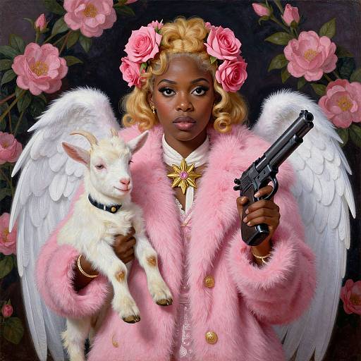 Digital painting of a black woman with blonde curls, pink roses in hair, white angel wings, pink fur coat, holding lamb and gun, surrounded by