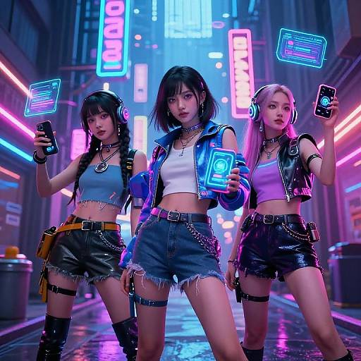 Futuristic AI Tween Girls in Cyberpunk City
