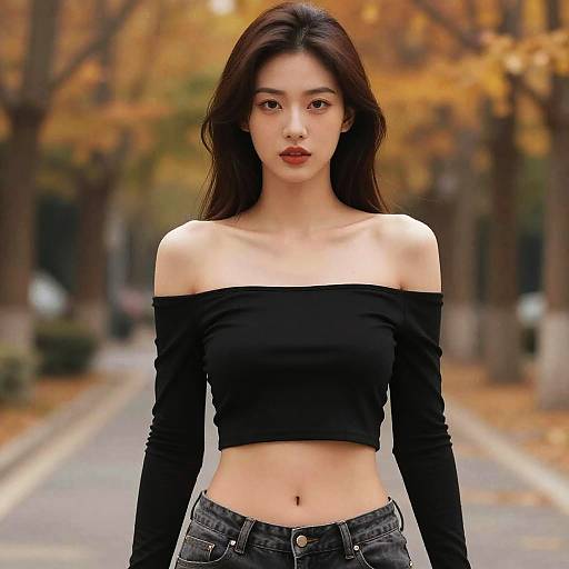 Photograph of an Asian woman with long black hair, wearing an off-shoulder black crop top and black jeans, standing on a tree-lined autumn