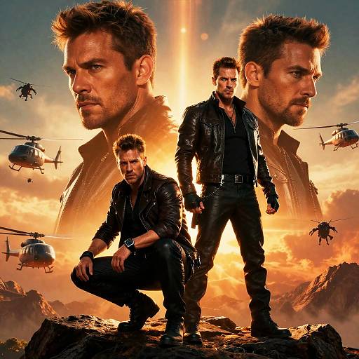 Dynamic Heroes in Fiery Rocky Landscape