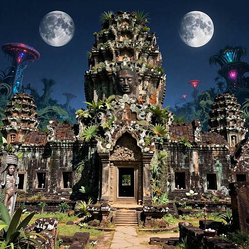Surreal Ancient Ruins with Alien Vegetation and Twin Moons