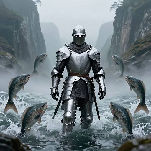 Photorealistic digital artwork: armored knight with helmet, standing in water, surrounded by six leaping fish, between misty, rocky cliffs.