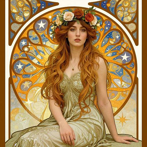 Elegant Woman with Floral Crown Art Nouveau