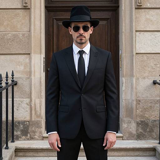 Photograph of a man in a black suit, tie, and fedora, wearing dark sunglasses, standing in front of a stone building door.