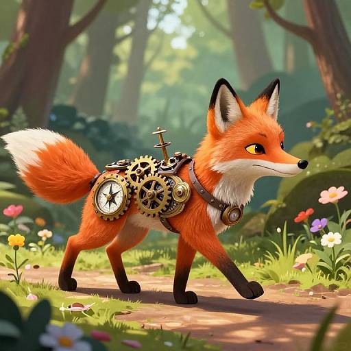 Digital artwork of a vibrant orange fox with yellow eyes, wearing clockwork gear, walking through a sunlit, colorful forest path.
