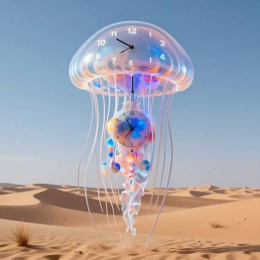 Photorealistic CGI of a glowing jellyfish clock with numbers on the top and clock hands on the center, floating over a desert with sand dunes
