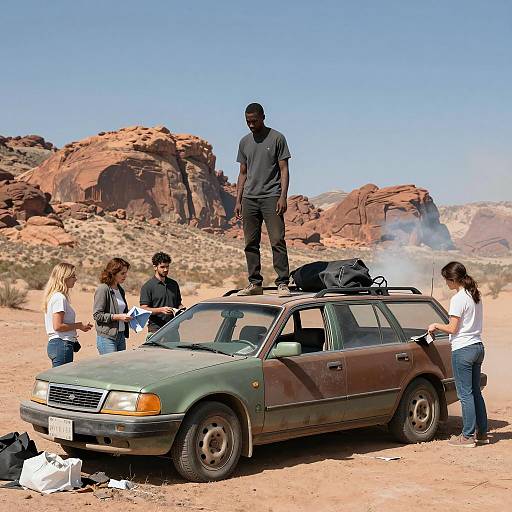 Group with Broken Station Wagon in Desert Landscape