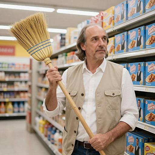 Balding Man with Broom in Grocery