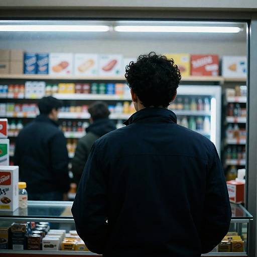 Curly-Haired Man in Dim Convenience Store