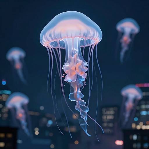 Photograph of glowing blue and pink jellyfish with translucent tentacles floating in a dark, cityscape background with blurred lights.