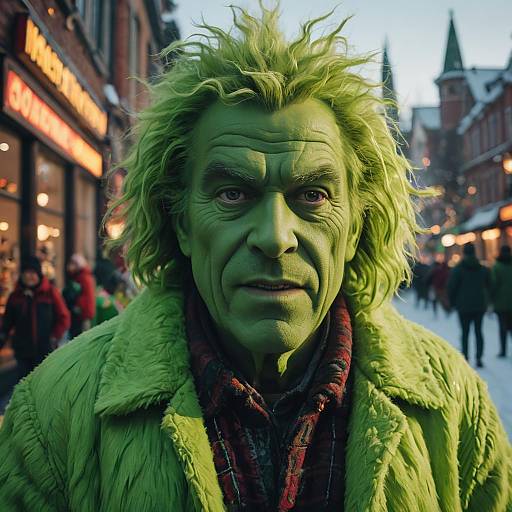 Man in Detailed Grinch Costume in Winter Town Square