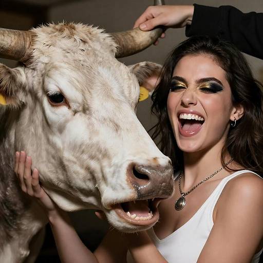 Joyful Woman with Taxidermied Cow's Head