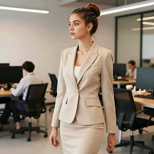 Photograph of a young woman with light brown skin and dark hair in a bun, wearing a beige blazer and skirt, standing in a modern office