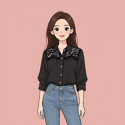 Digital anime-style drawing of a young woman with long brown hair, black lace-patterned blouse, and blue jeans, smiling against a pink background.