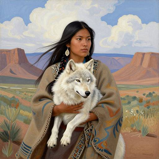 Native American woman with long black hair, wearing traditional patterned blanket, holds white wolf in desert landscape with red rock formations. Photorealistic painting.
