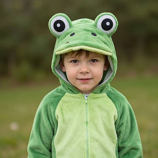 Photograph of a young boy with light skin and brown eyes, wearing a green frog-themed hooded onesie with large, round eyes on the hood