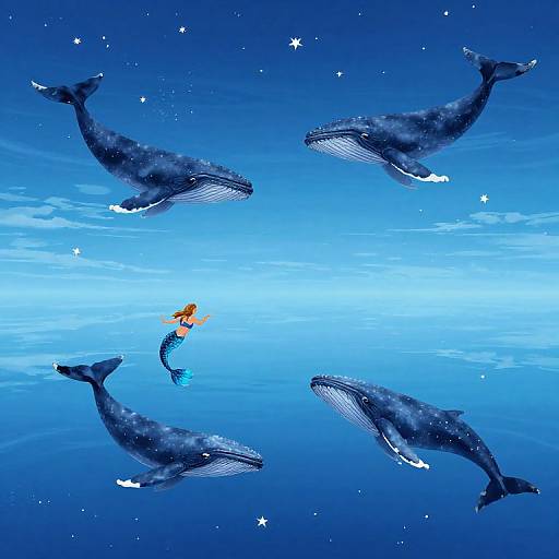 Digital illustration of a blue mermaid with orange hair, surrounded by four whales in a starry, blue ocean. Bright light shines from the center.