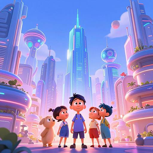 CGI image of four smiling children with cartoonish features, standing in a futuristic cityscape with neon-lit skyscrapers and floating gardens.