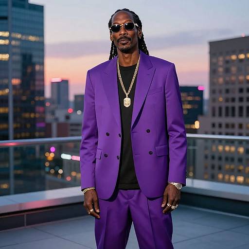 Photograph of tall, dark-skinned man with dreadlocks, wearing a vibrant purple suit, black shirt, gold chain, sunglasses, standing on rooftop