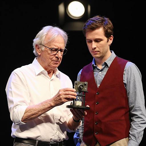 Two men examining mechanical model on stage