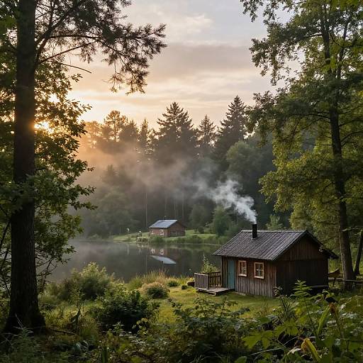 Photograph of a serene forest at sunset, featuring a small, smoking wooden cabin on the right, with a reflective lake and another cabin in the mist