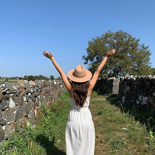 Woman in White Dress with Raised Arms on Country Path