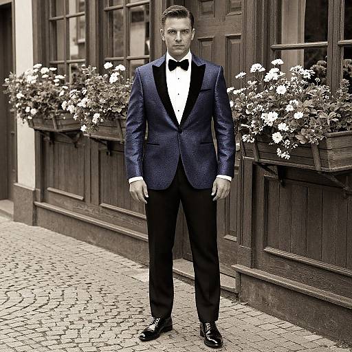 Photograph of a handsome man in a black tuxedo with a bow tie, standing on a cobblestone street, in front of a wooden