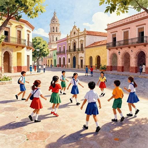 Children Playing in Colonial Town Square