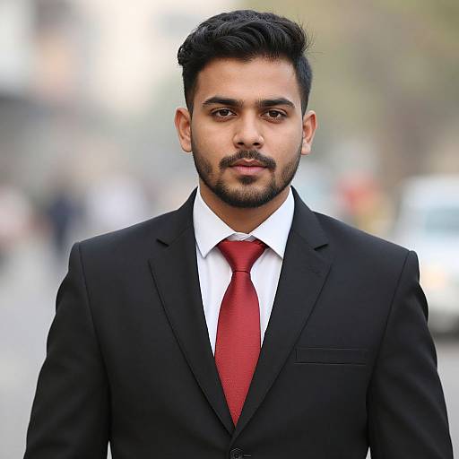 Photograph of a young South Asian man with short black hair and beard, wearing a black suit, white shirt, and red tie, standing in a
